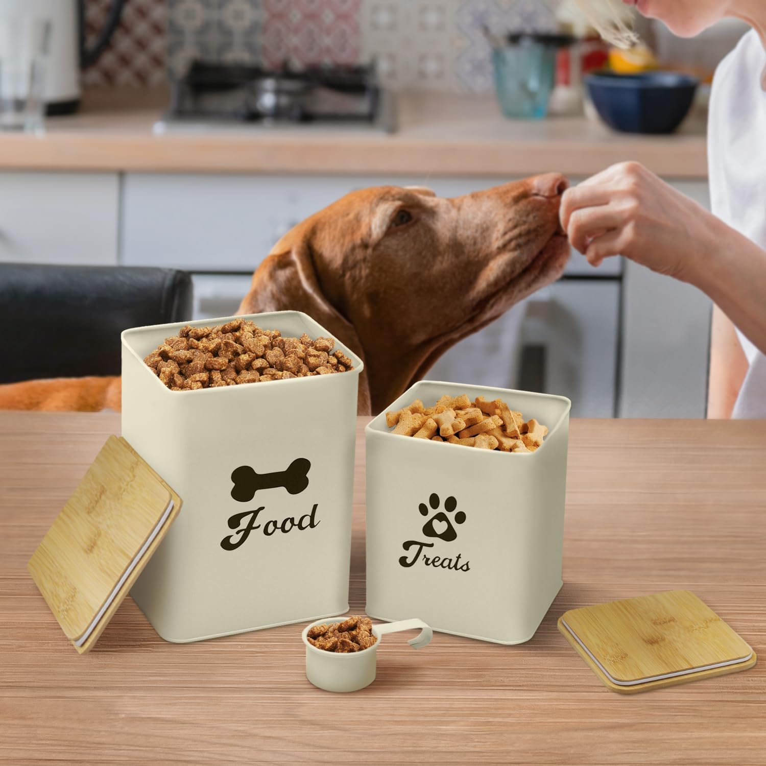 Plexon Pet Food Storage Containers, Dog Food Storage Container with Spoon and Wood Lids, Set of 2 Pet Food Container, Beige
