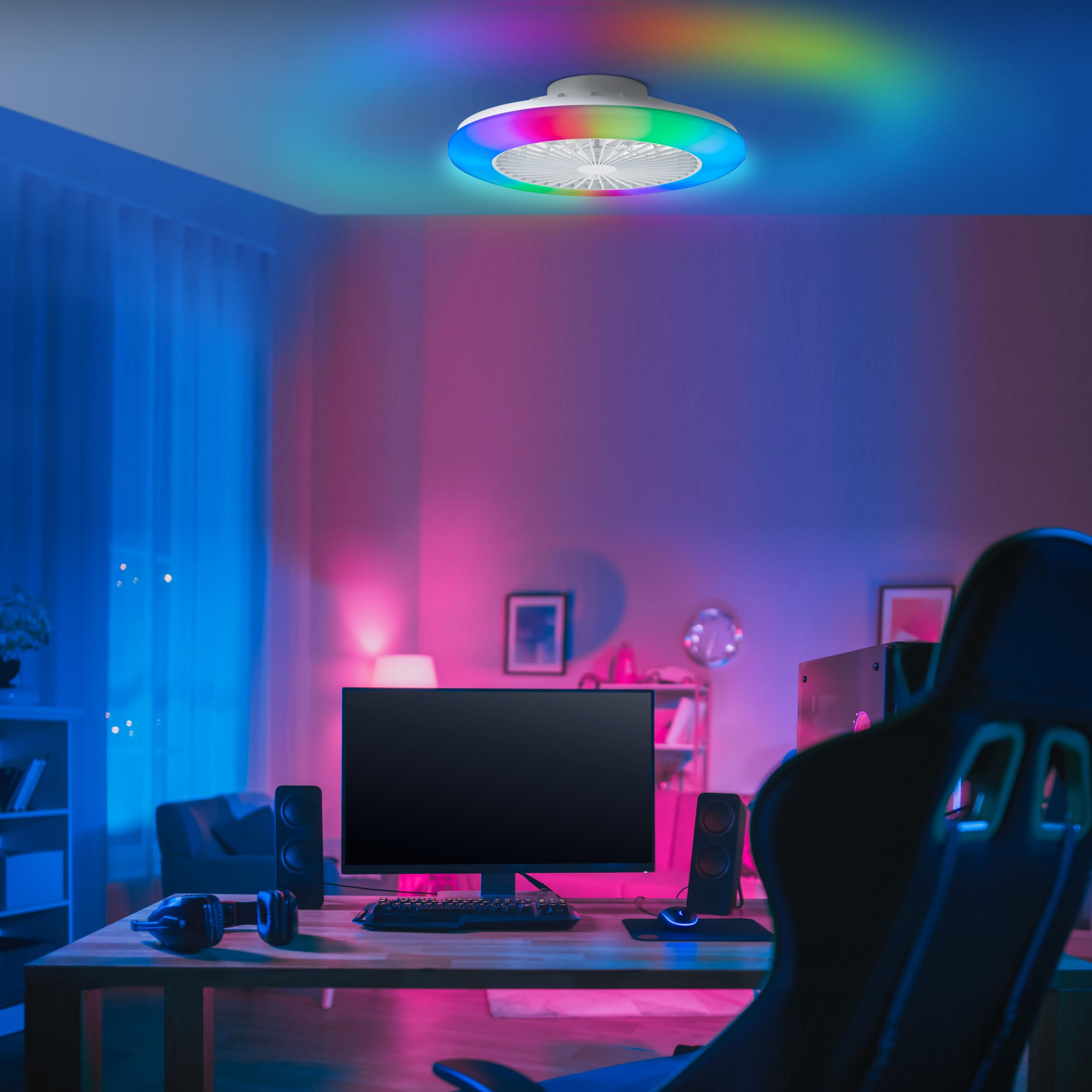 Lightbox LED ceiling light with fan & RGB Front Light & CCT Center Light - Ø 49 cm - ceiling light white - dimmable by remote control - 3000-6500 K - 4700 lm - plastic/metal