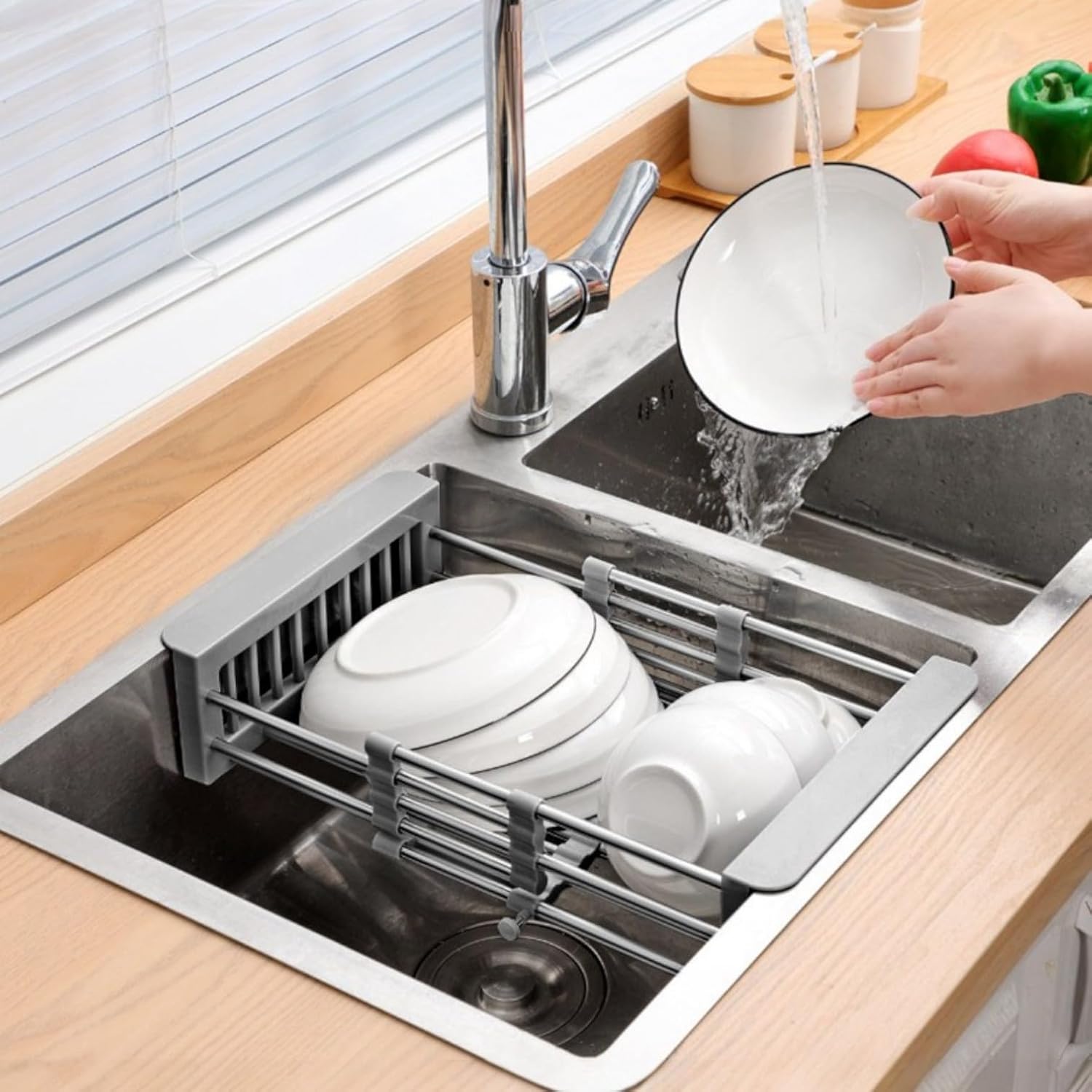 Extendable Stainless Steel Kitchen Sink Drain Basket, Retractable Dish Drying Rack, Over The Sink Drainer, Space-Saving Stainless Drain Rack, Extended/Adjustable for Dishes, Fruits, Vegetables, Large