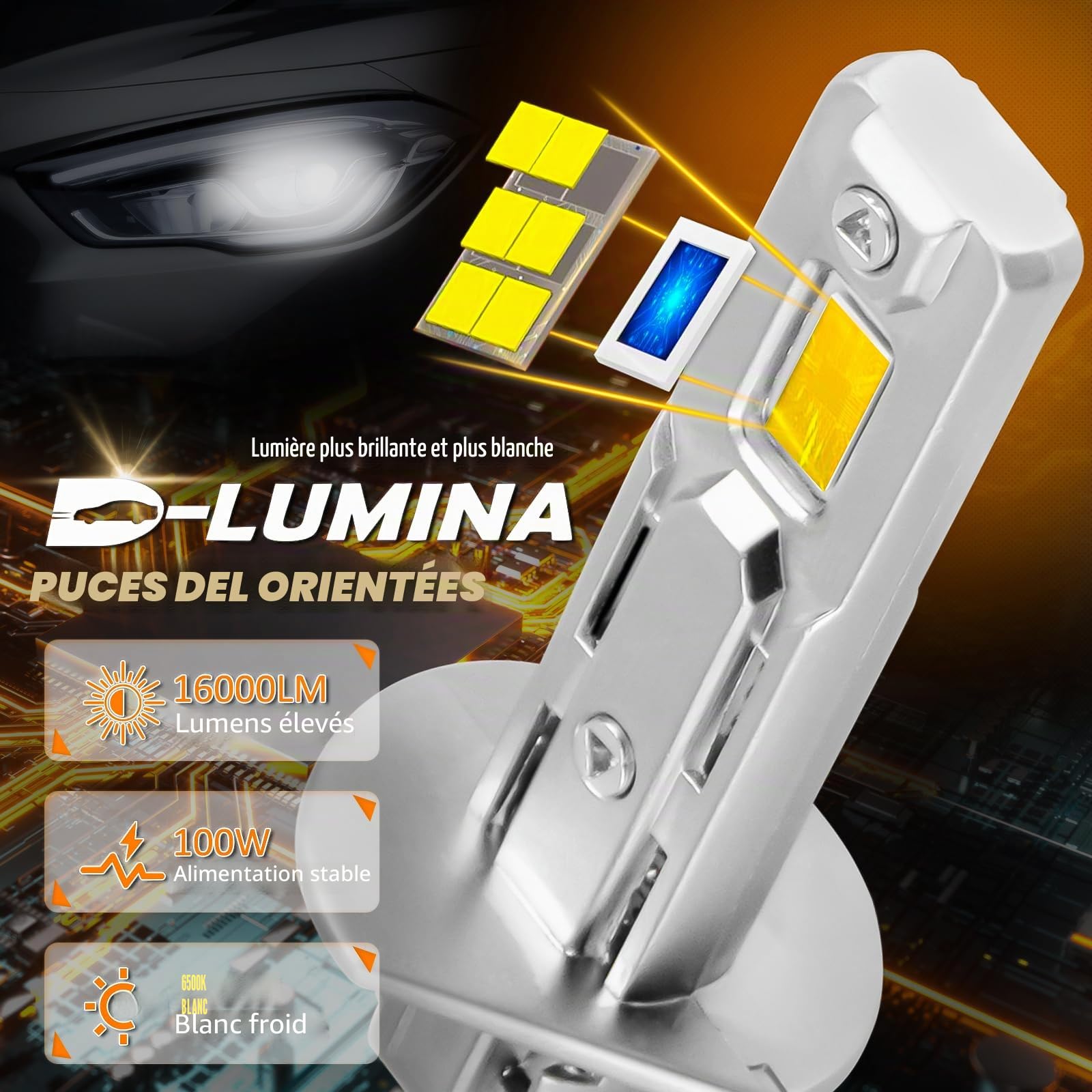 D-Lumina Ampoule H1 LED Canbus,100W 16000LM 6500K Puce CSP Super Lumineux éblouissants et feux de croisement,1:1 Design de rechange Lampe halogène non polarité,Plug and Play