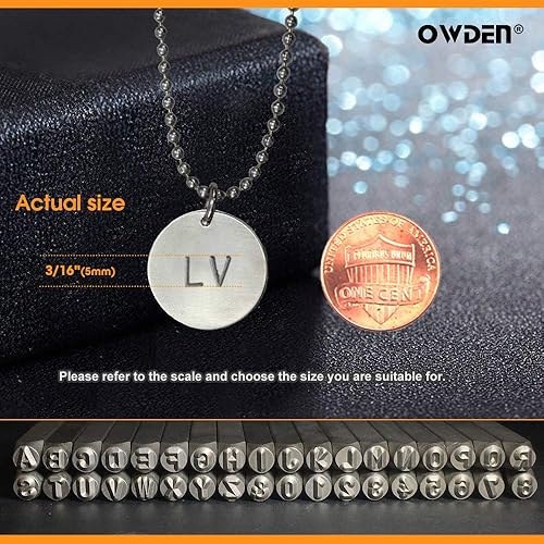 Vista 19 de OWDEN Juego de herramientas de estampado de metal de acero (1/8 ") 0.118 in, juego de punzones de letras y números de acero, acero de aleación HRC