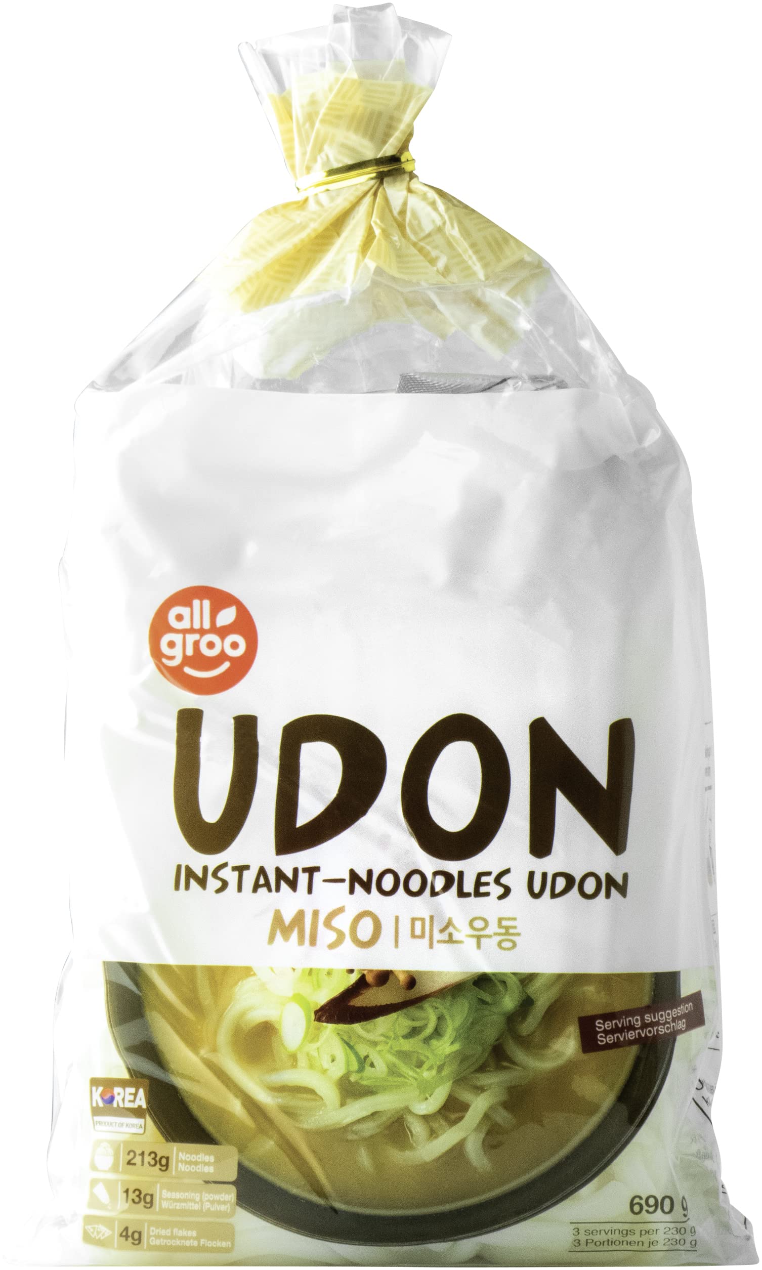 Allgroo Udon Instantnudeln - Miso, Udon Suppe würzig, aromatisch, schnelle Zubereitung - enthält 3 Portionen - 1 x 690 g