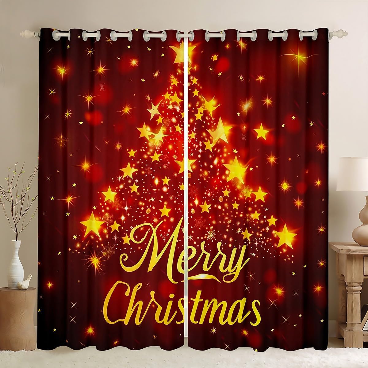 Feelyou Kids Merry Christmas Curtains for Bedroom (2 Panels, 42 x 63 Inch) Glitter Stars Print Xmas Tree Blackout Curtains Boys Girls Happy New Year Winter Theme Window Treatments(No Glitter)