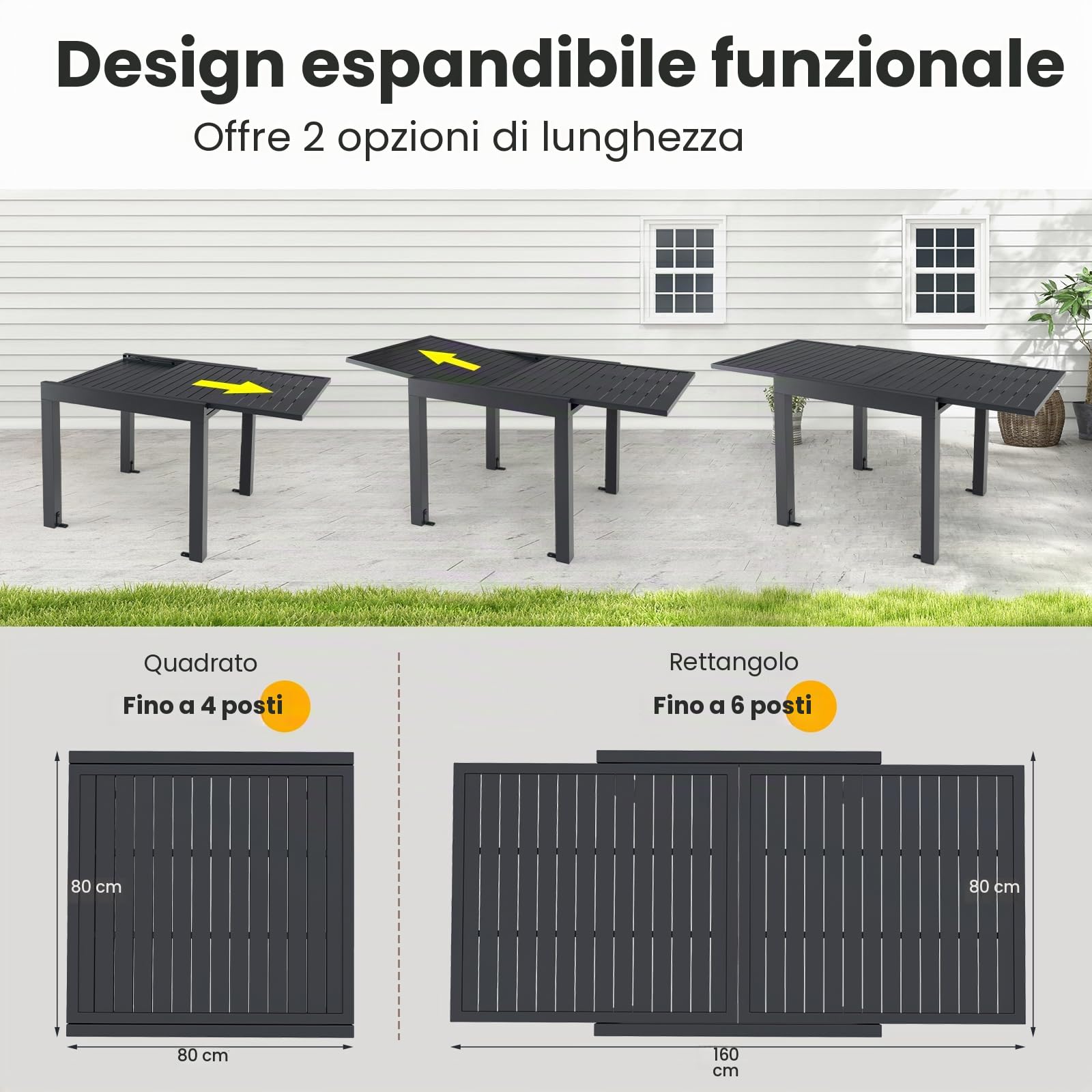 KOMFOTTEU Tavolo da Giardino Allungabile per 4-6 Persone, Tavolo da Pranzo Regolabile da 80 a 160cm Resistente alle Intemperie in Alluminio, Tavolo da Esterno Rettangolare (Grigio Scuro)