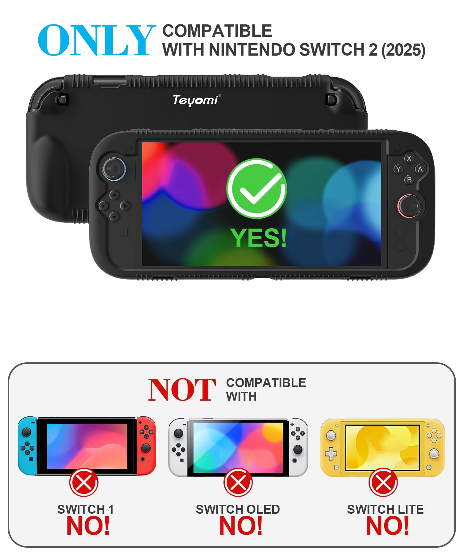 Teyomi Funda protectora de silicona compatible con Nintendo Switch 2, Carcasa para Nintendo Switch 2 con protector de pantalla de vidrio templado, Estuche con agarre ergonómico (Negro) - 3