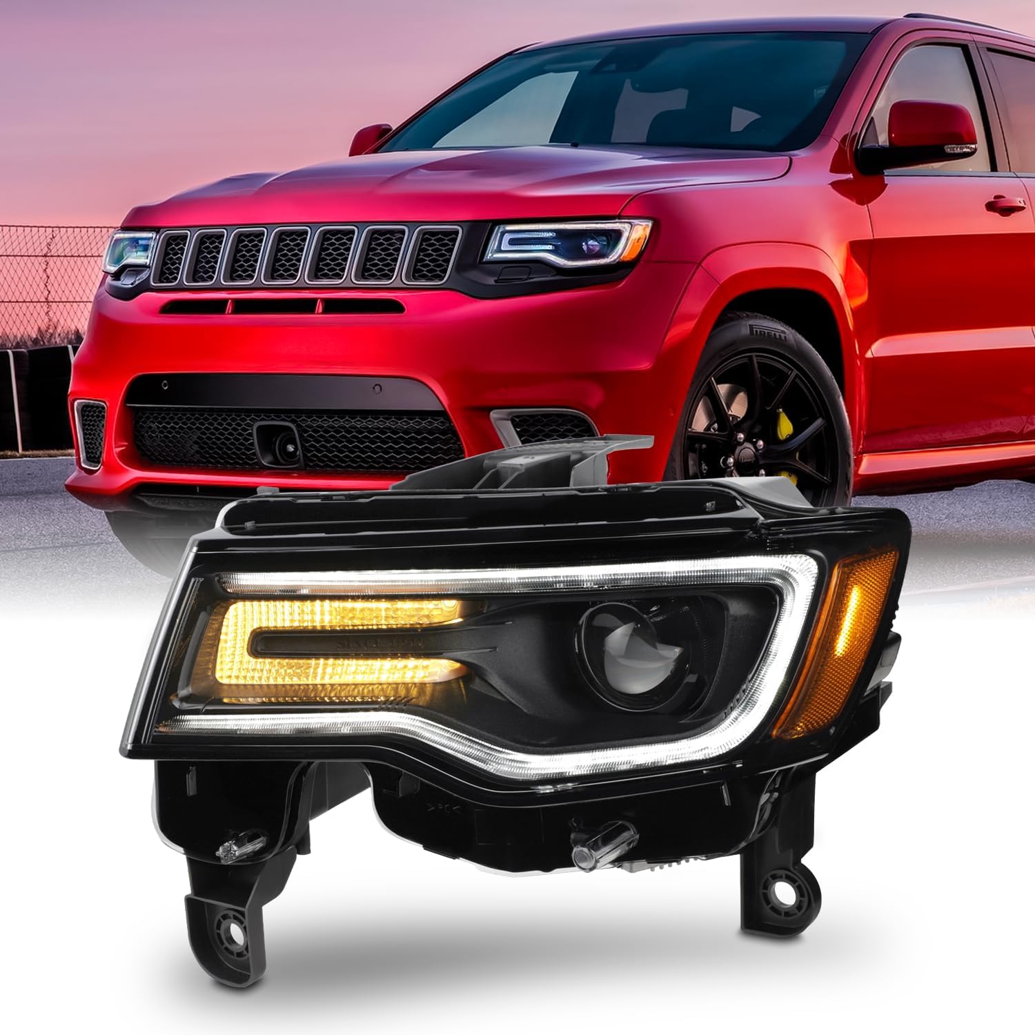 AKKON - Fit 2017-2021 Jeep Grand Cherokee [HID/Xenon] Black Bezel Headlight Passenger w/Auto Leveling LED Running Signal