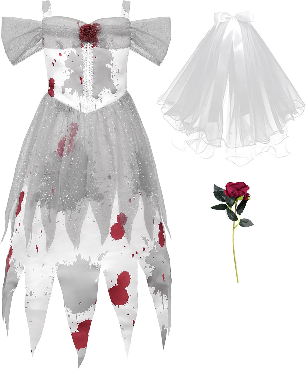 ReliBeauty Ghost Zombie Bride Costume for Girls with Veil and Flower White 6-7/130