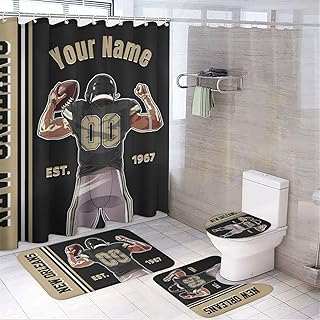 Custom 4PCS New Orleans Shower Curtain Set, Personalized Name and Number Shower Curtain Set for Bathroom, Includes Bath Mat, Toilet Cover Mats, U-Shaped Mat and Shower Curtains 72 Inch X 72 Inch