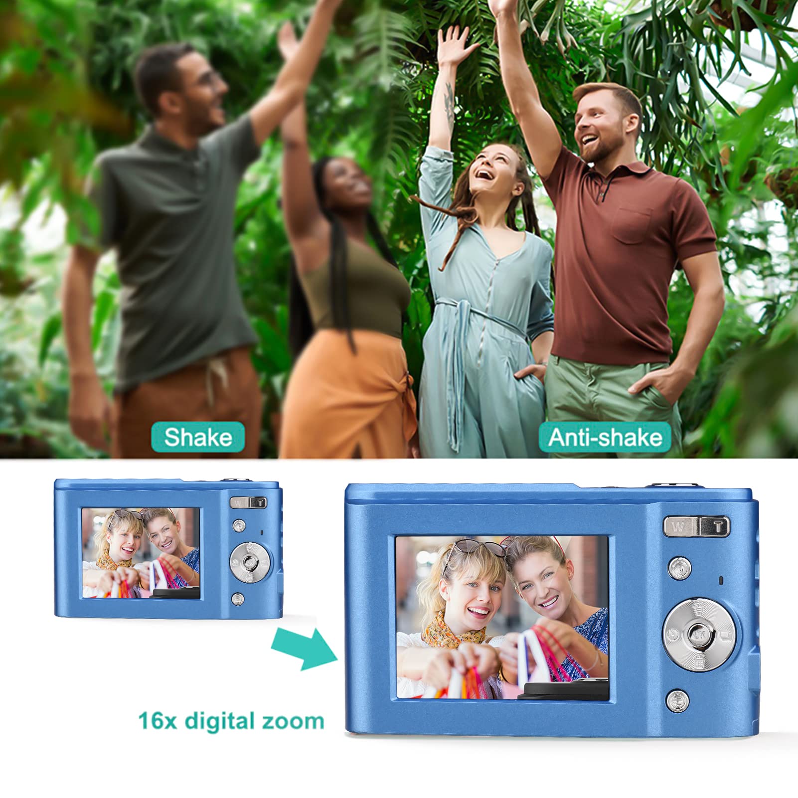 Andoer Aparat cyfrowy z autofokusem, 48 MP, 1080p, 2,4", aparat cyfrowy z 2 bateriami, pasek na rękę, torba do przenoszenia, dla dzieci, młodzieży, początkujących, studentów, ciemnoniebieski