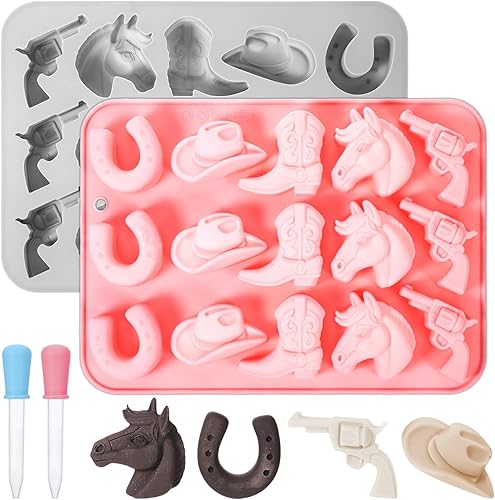 2 moldes de chocolate de vaquero, moldes de silicona con temática de fiesta occidental, incluyen sombreros de vaquero, botas de vaquero y formas de