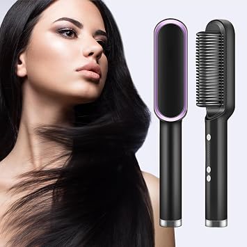 Hair Straightener and Curler Brush - 2 in 1 Heated Styling Tool with Negative Ion, 5 Temperature Settings, 30s Fast Heating, Anti-Scald, Portable Black