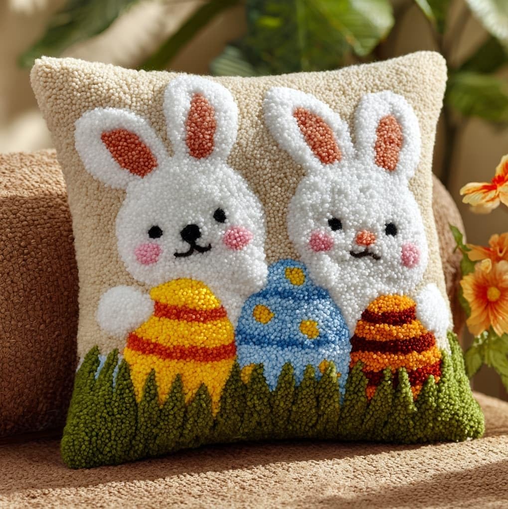 WallustrioaW Latch Hook Cushion kit 43x43cm,Rabbits and Easter Eggs