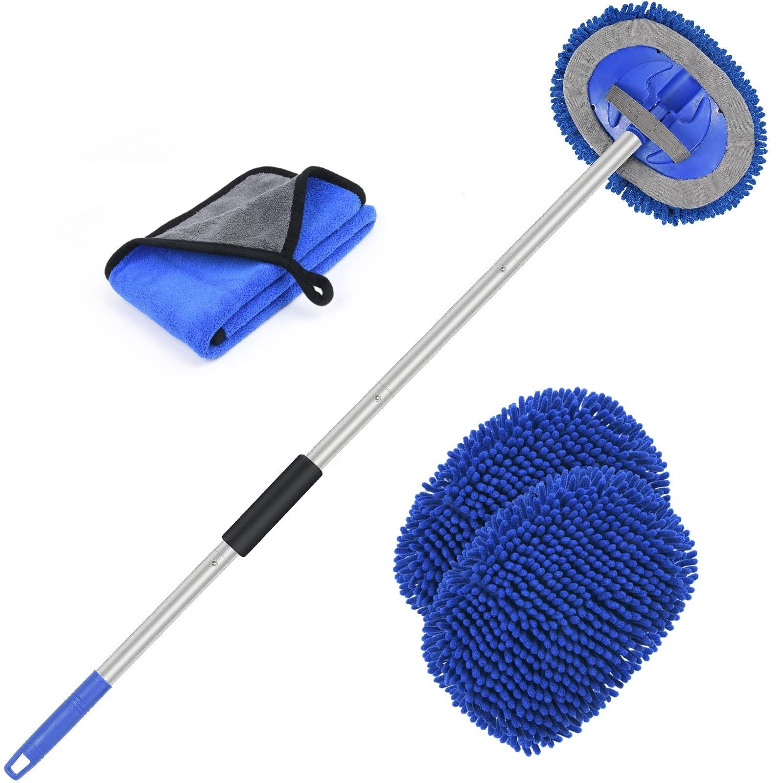 URAQT Brosse Lavage Voiture Télescopique, 160cm Nettoyage à Manche Long Vadrouille, 3en1 Microfibre Balai Pinceau, avec 2 têtes de Vadrouille et Un Chiffon en Microfibre, pour Véhicule Voiture Camion