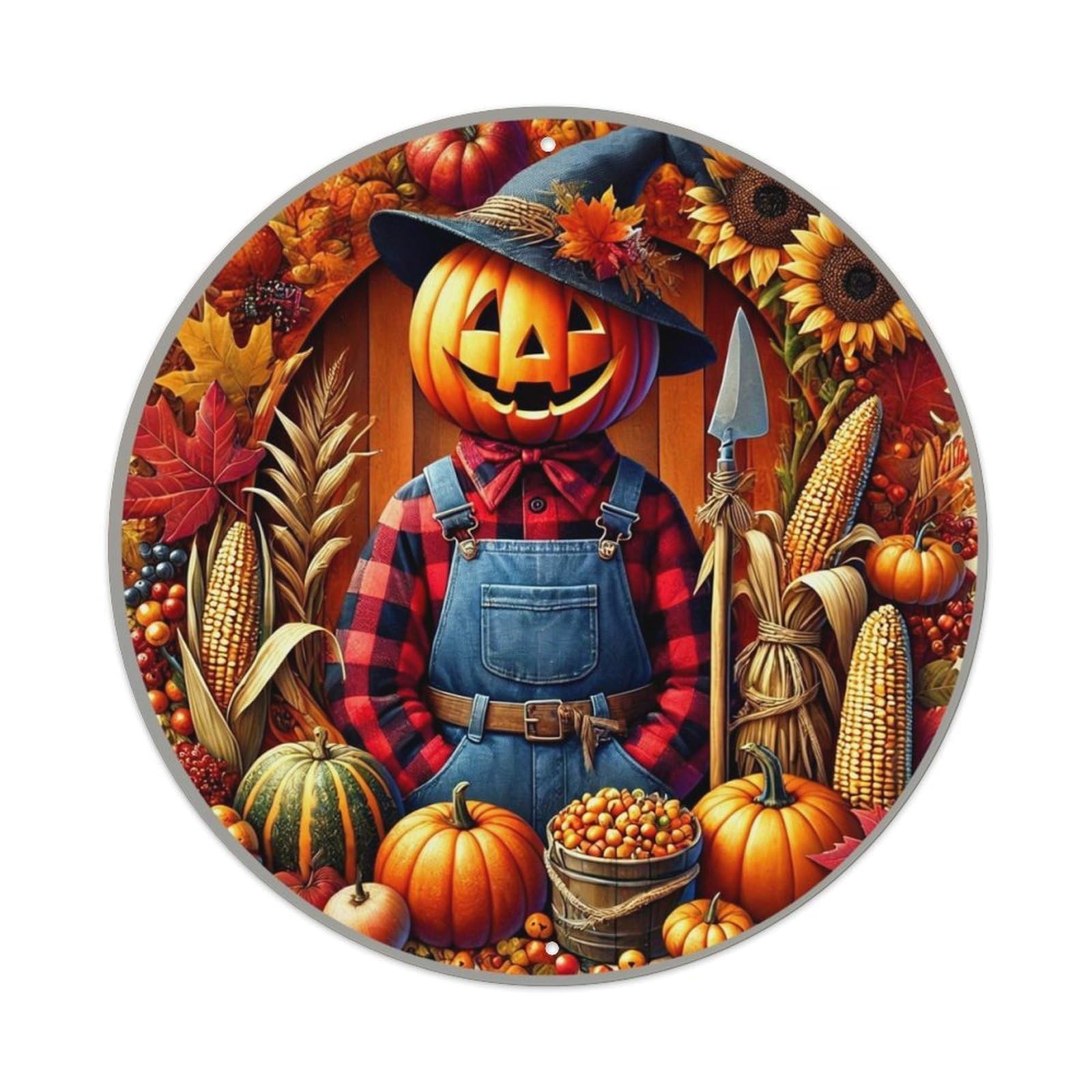 Pumpkin Farmer Autumn Harvest Corn Vintage Round Tin Sign Retro Metal Wall Decor Metal Poster, Home Bar Garage Cafe Wall Art Decoration 8x8Inches