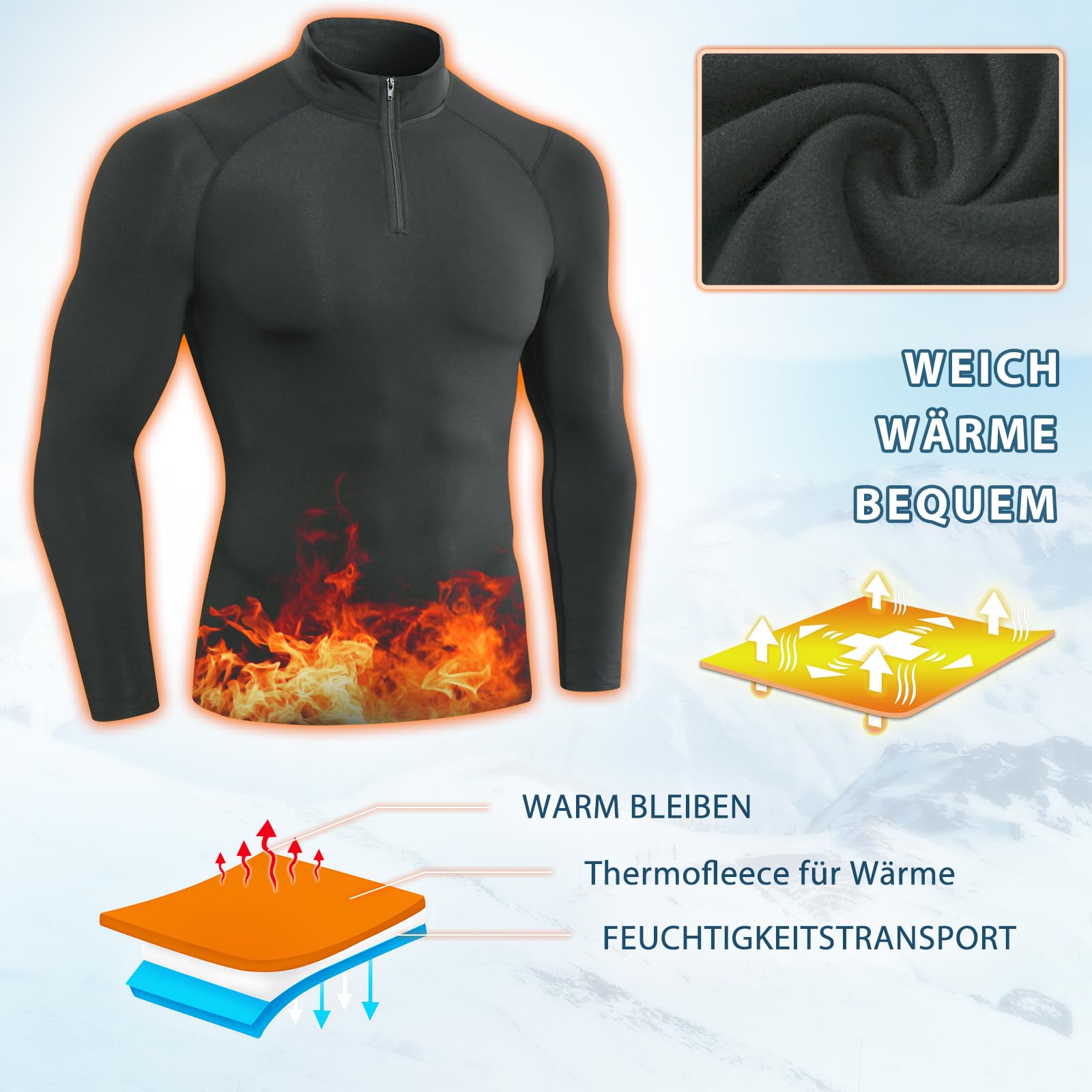Thermounterwäsche Herren Oberteil 1/4 Zip Atmungsaktiv Skiunterwäsche Herren Langarm Weich Innenfleece Funktionsunterwäsche Männer Sport Gym Fitness Thermo Unterwäsche