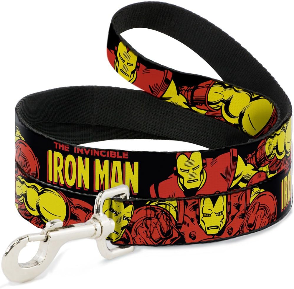 Buckle-Down Pet Leash - THE INVINCIBLE IRON MAN Action Poses Black/Red/Yellow - 4 Feet Long - 1.5" Wide