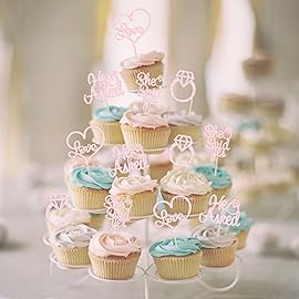 Gyufise 24 Pack He Asked She Said Yes Cupcake Toppers Light Pink Glitter Heart Ring Cupcake Picks Wedding Engagement Bridal Shower Party Cake Decorations Supplies