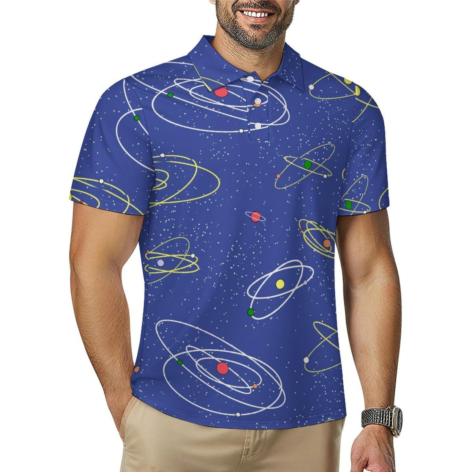 Peiyeety Men's As Pic Cartoon Style Theme Of Space Poloshirts Casual Short Sleeve Button Down Shirts Golf Classic Collared