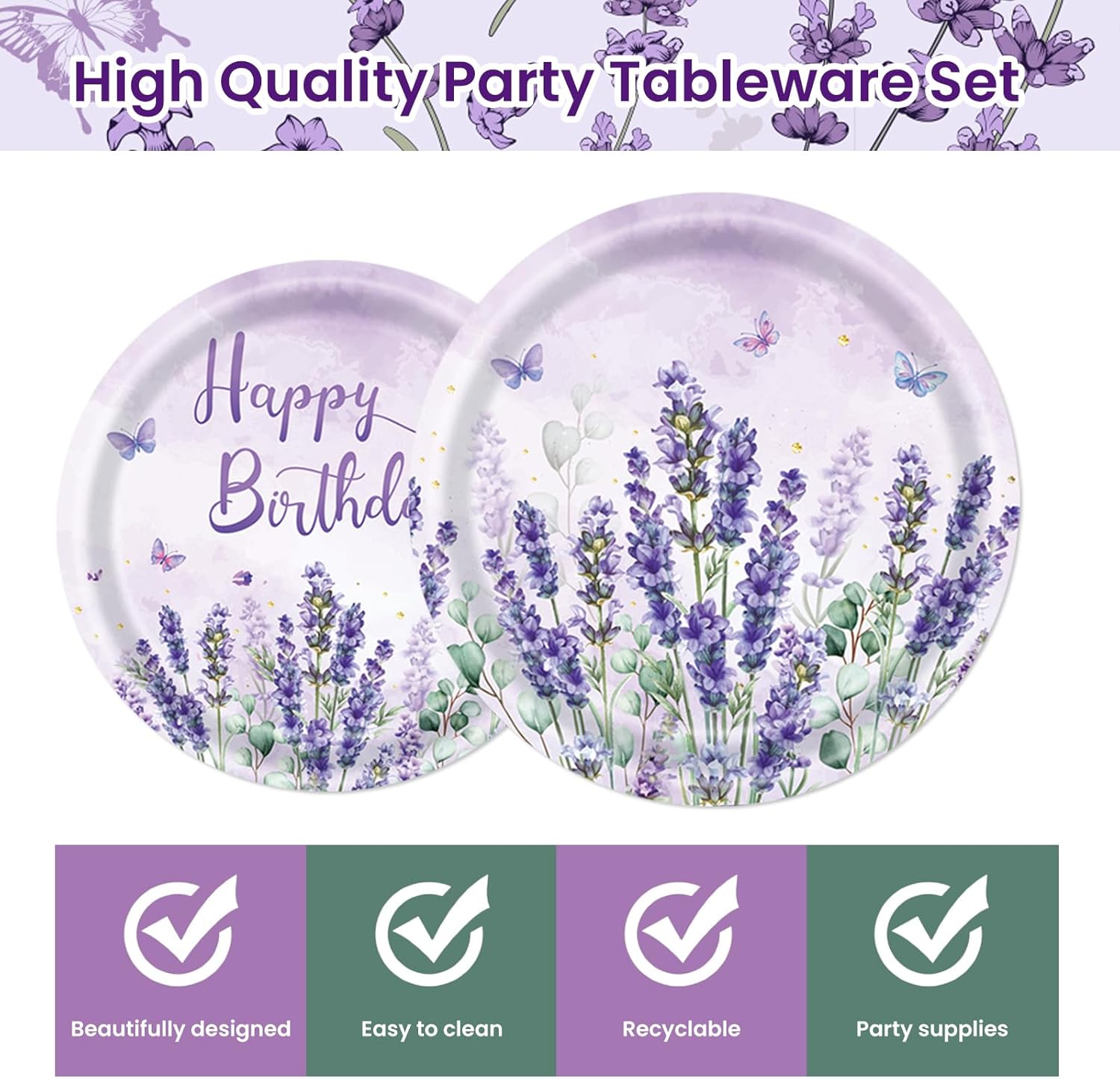 96Pcs Purple Party Supplies Lavender Paper Plates Napkins Watercolor Blooming Floral Cake Dessert Butterfly Birthday Floral Tableware for Birthday Wedding Picnic Baby Shower Decorations | 24 Guests - Image 3