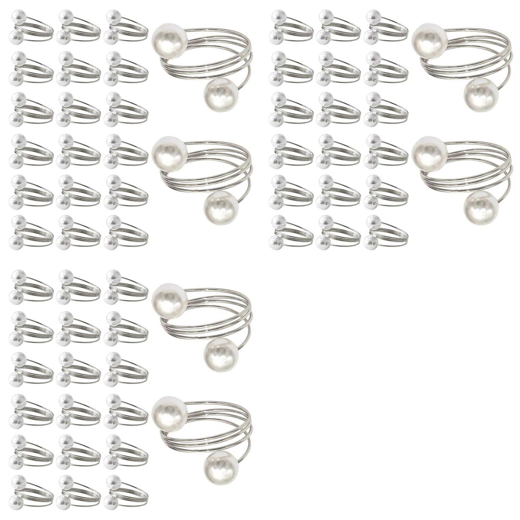 Vjsujehgy 60Pack Silver Napkin Rings, Pearl Napkin Ring Set, Metal Spring Napkin Holder Table Decorations, Napkin Ring Buckles
