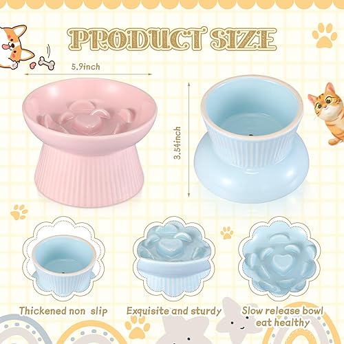 Miniatura 2 de Layhit 2 Pack Raised Slow Feeder Cat Bowls Ceramic Elevated Cat Food Bowls Anti Vomiting Slow Feeder for Dog and Kitten for Dry and Wet Food(Blue,