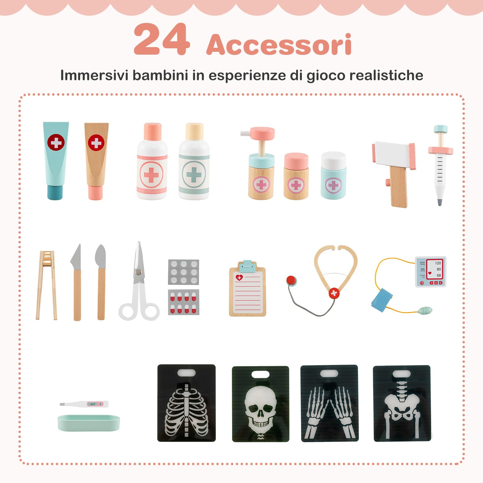 COSTWAY Set da Gioco Dottore in Legno, Centro Medico per Bambini con Orologio, Lavandino, Tabella Oculistica, Monitor ECG, Area Esame e 24 Accessori Giocattolo, 97 × 30,5 × 88 cm (Rosa)