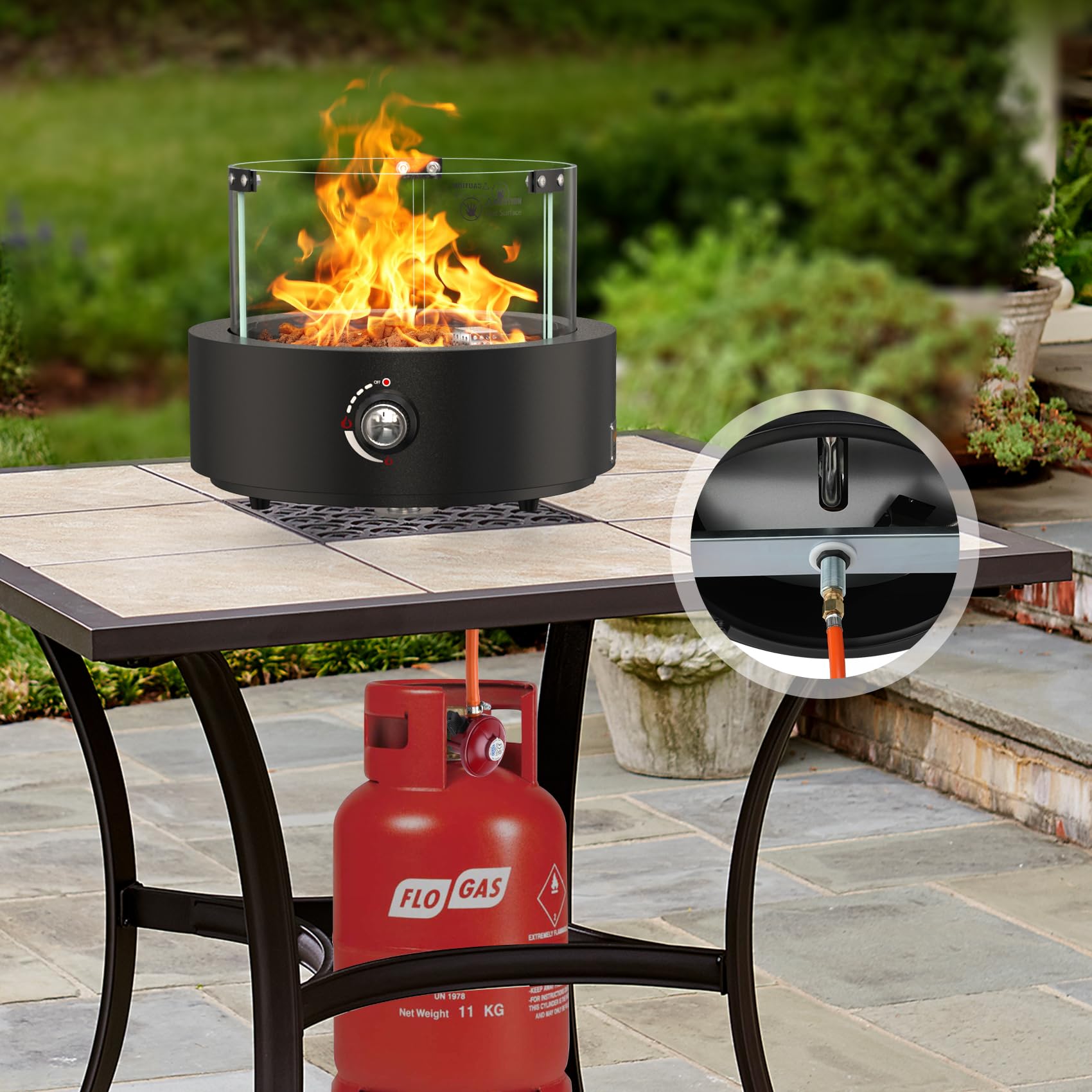 Onlyfire Braciere a gas da tavolo, riscaldatore per patio esterno con ingresso d'aria inferiore, rocce laviche e protezione antivento in vetro, braciere a propano per patio, cortile, ristorante