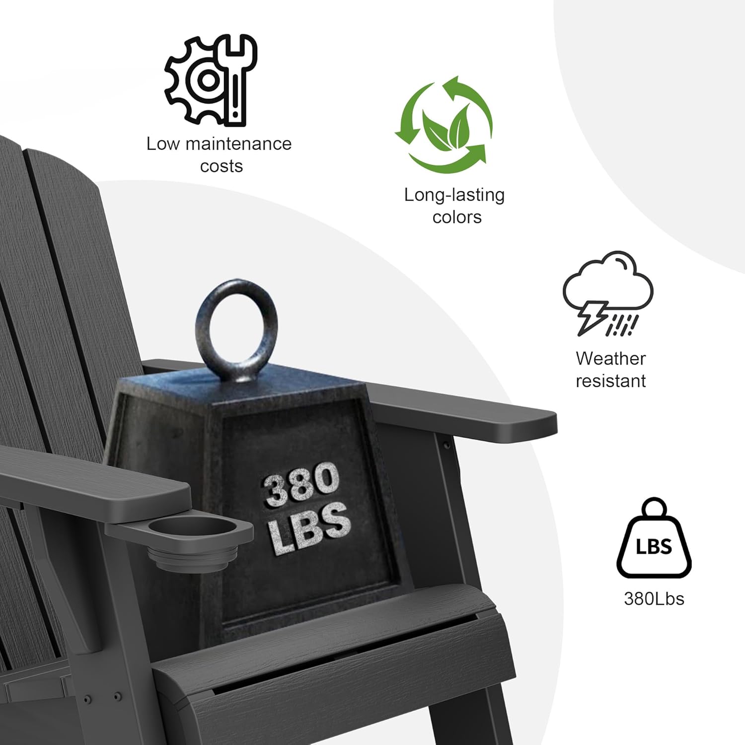 NUNU LAB Oversized Adirondack Chair Weather Resistant with Cup Holder, Black Outdoor Patio Chair, HDPE Adirondack Chairs for Patio, Law, Garden, Camping - Easy Installation