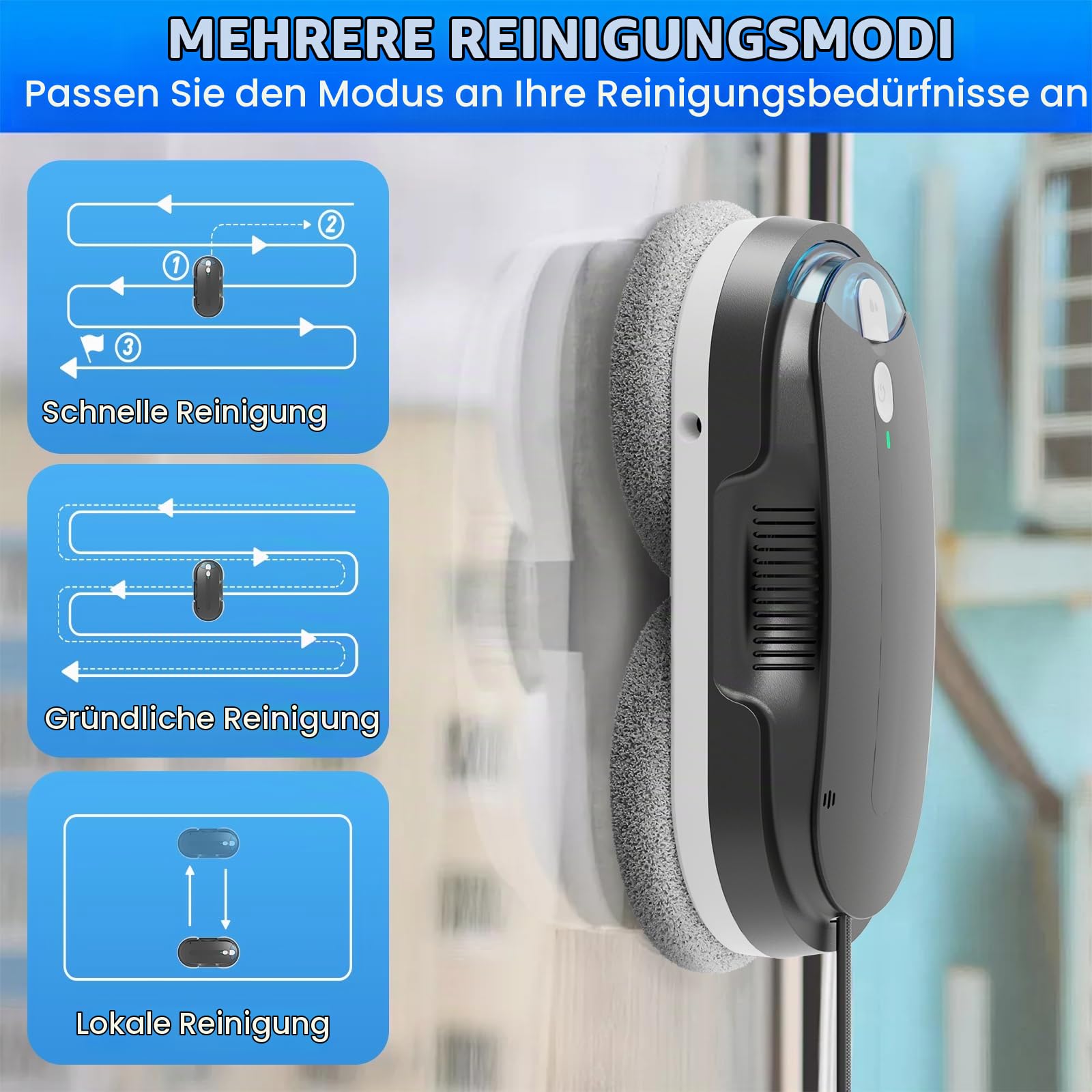 Fensterputzroboter mit Bidirektionaler Ultraschall-Wasserstrahl, (Schwarz)