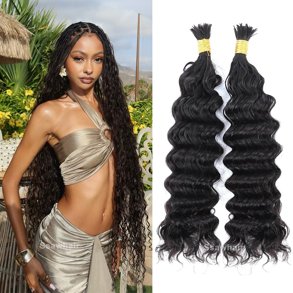 Pre-Divided Deep Wave Bulk Human Hair For Boho Braids Double Drawn Curly Virgin Human Hair Bulk For Braiding Hair Extensions 18Inch 50g 160Roots