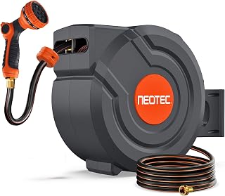 Upgraded Retractable Garden Hose Reel 5/8" x 100 ft 9 Pattern Nozzle Any Length Lock Wall-Mounted Automatic Slow Return 180° Swivel UV Resistant Heavy Duty Hose Reels for Outside