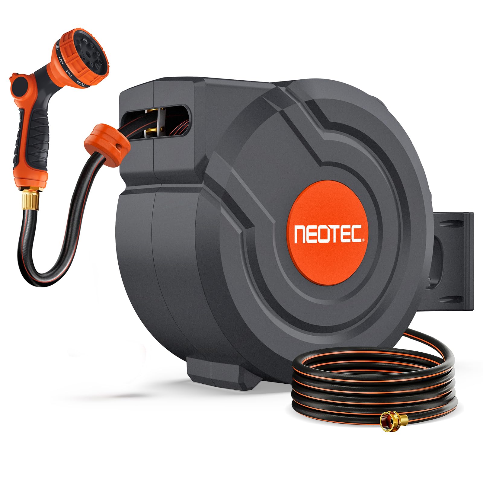Carrete de manguera de jardín retráctil mejorado 5/8 "x 100 ft boquilla de 9 patrones montada en la pared cualquier longitud bloqueo automático retorno lento 180 ° giratorio resistente a los rayos UV