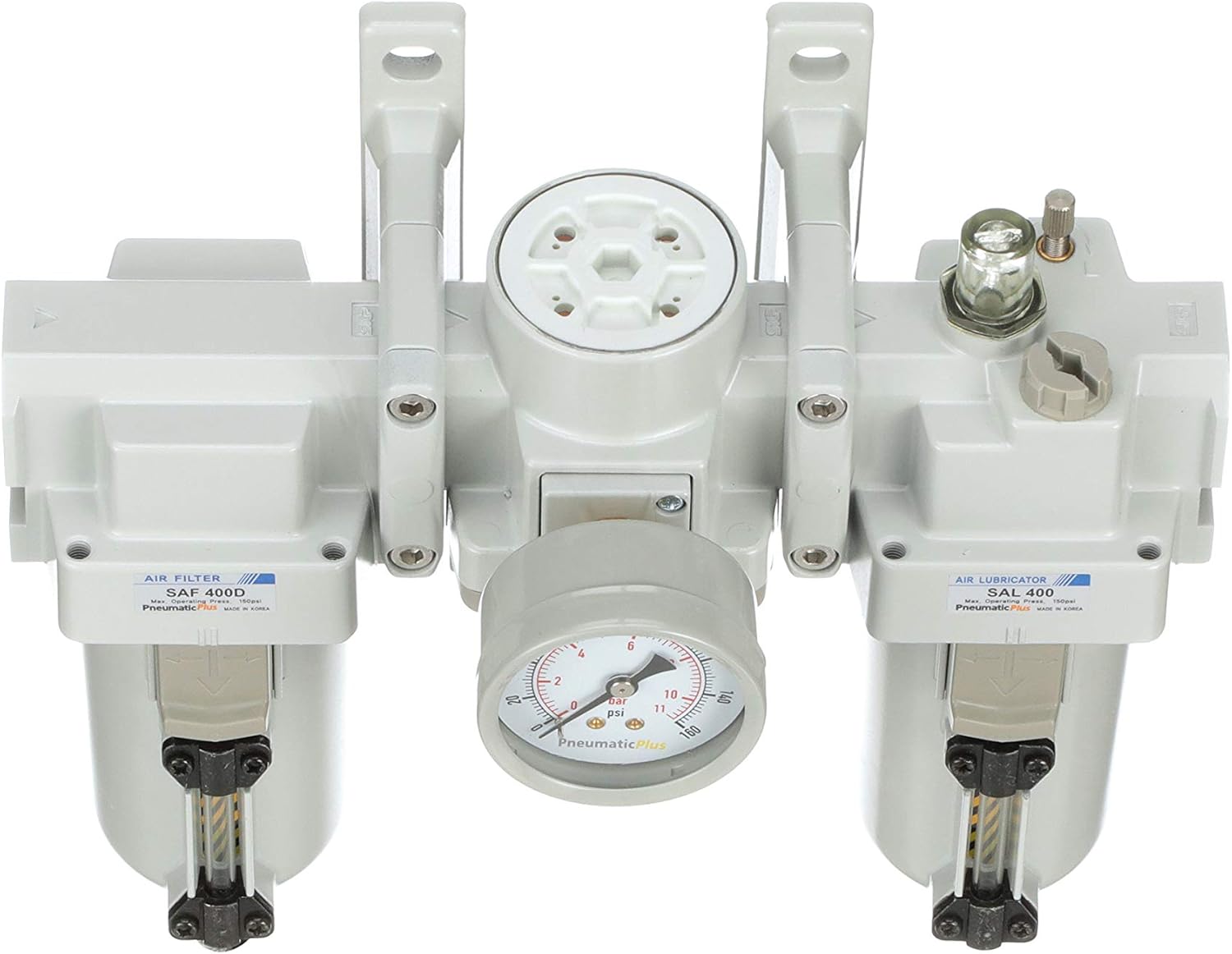 PneumaticPlus SAU400-N04DG-MEP Compressed Air Filter Regulator Lubricator Combo 1/2" NPT - Metal Bowl, Auto Drain, Bracket, Gauge