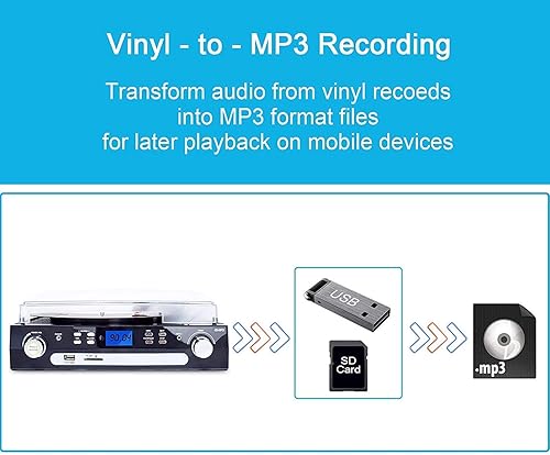 Miniatura 4 de DIGITNOW Tocadiscos Bluetooth con altavoces estéreo, tocadiscos para vinilo a MP3 con reproducción de cassette, radio AMFM, control remoto,