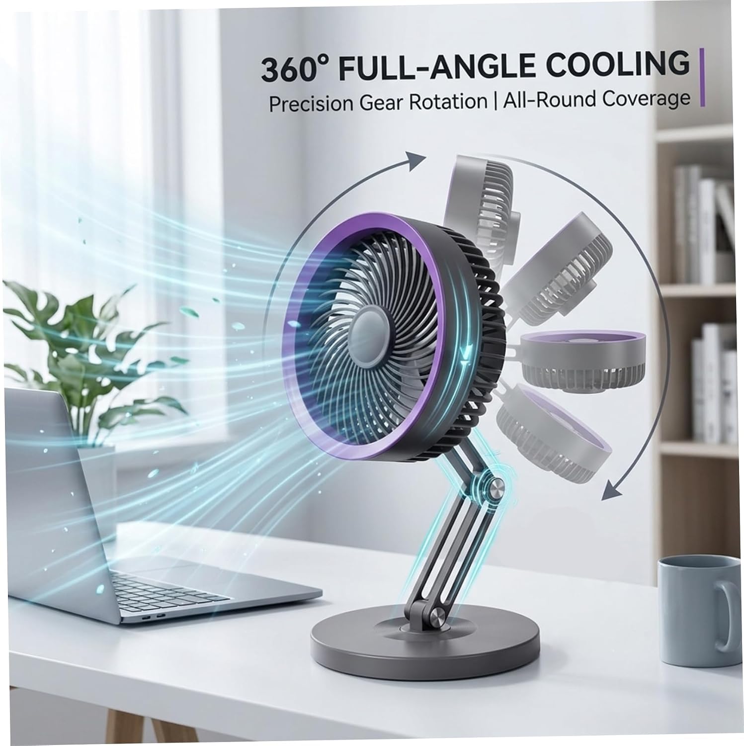 Desk Fan Small Quiet USB Rechargeable Rotatable Portable Table Fan, Purple