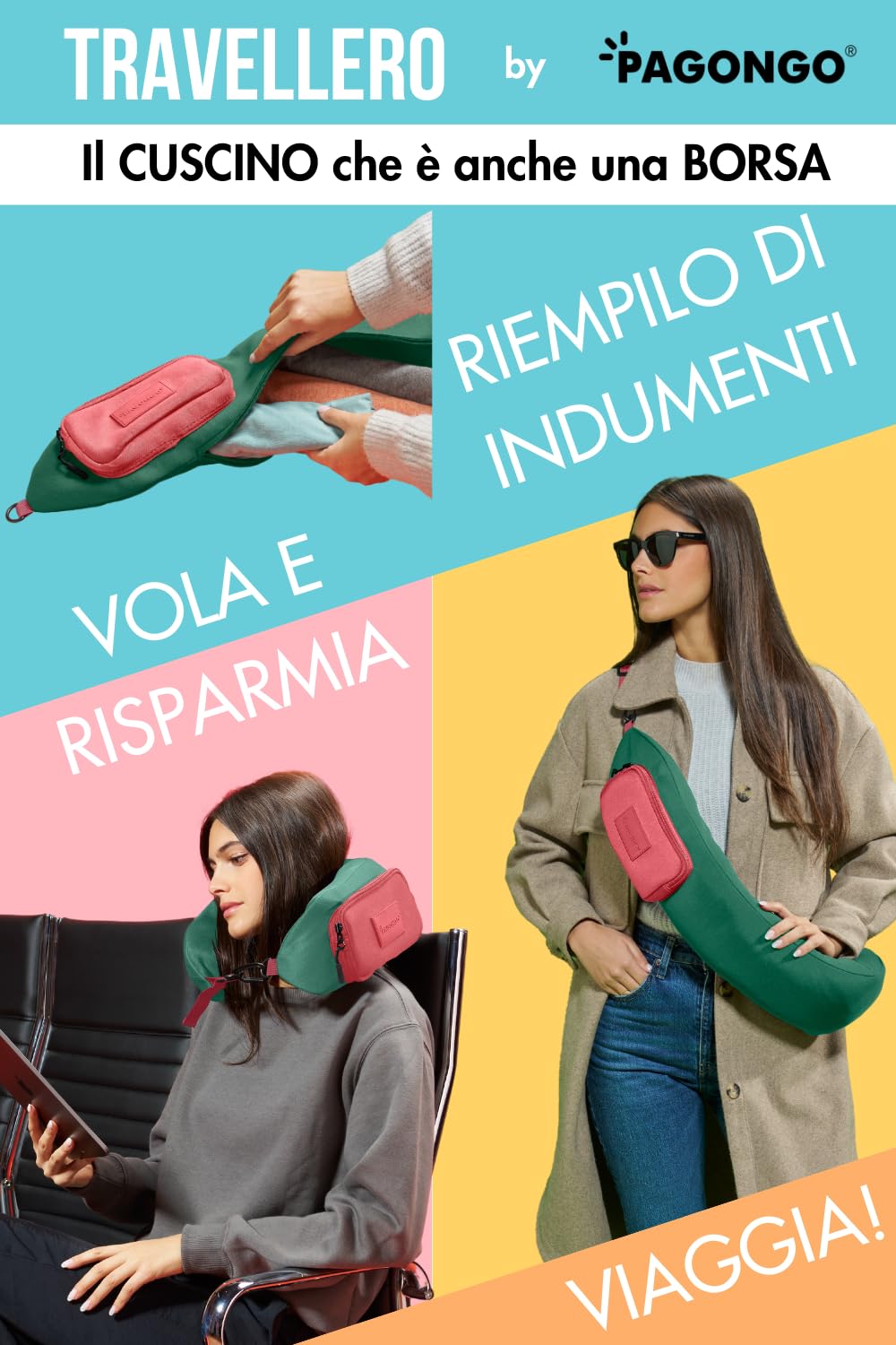TRAVELLERO Cuscino da Viaggio Riempibile con Vestiti | Borsa Cuscino da Viaggio | Cuscino Viaggio, Viaggio Accessori Utili, Cuscino Aereo Viaggio, Accessori Viaggio Aereo, Taglia M, Verde e Corallo