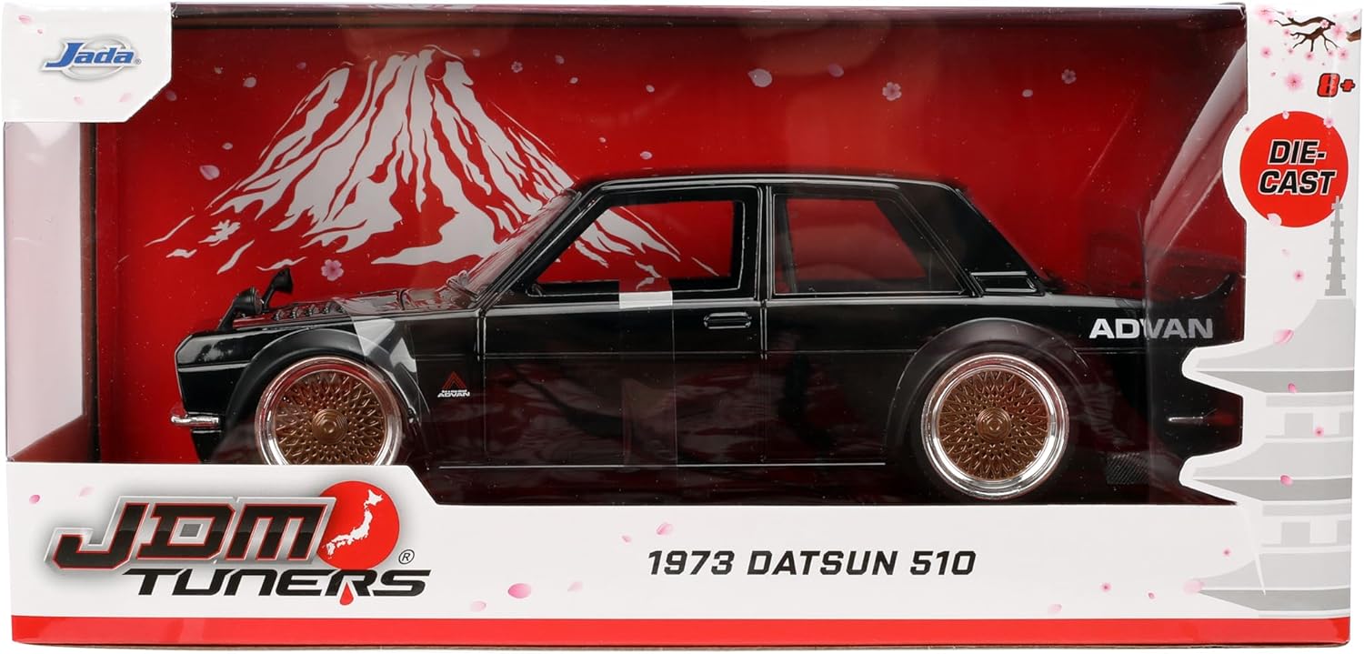 Jada Toys JDM Tuners 1:24 Scale Die-Cast 1973 Datsun 510 – Opening Doors, Detailed Interior, Rubber Tires, Collectible for Ages 8+(Gloss Black)