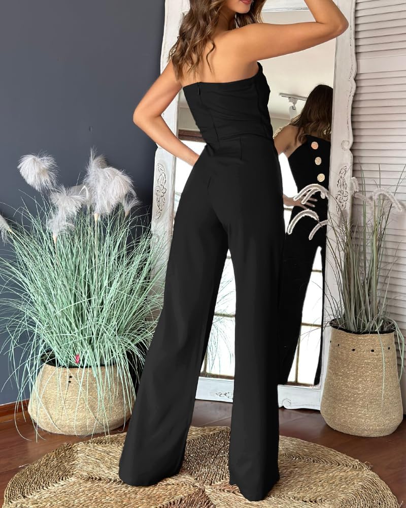 CHICME Tuta da donna senza spalline con bottoni in metallo e gamba larga
