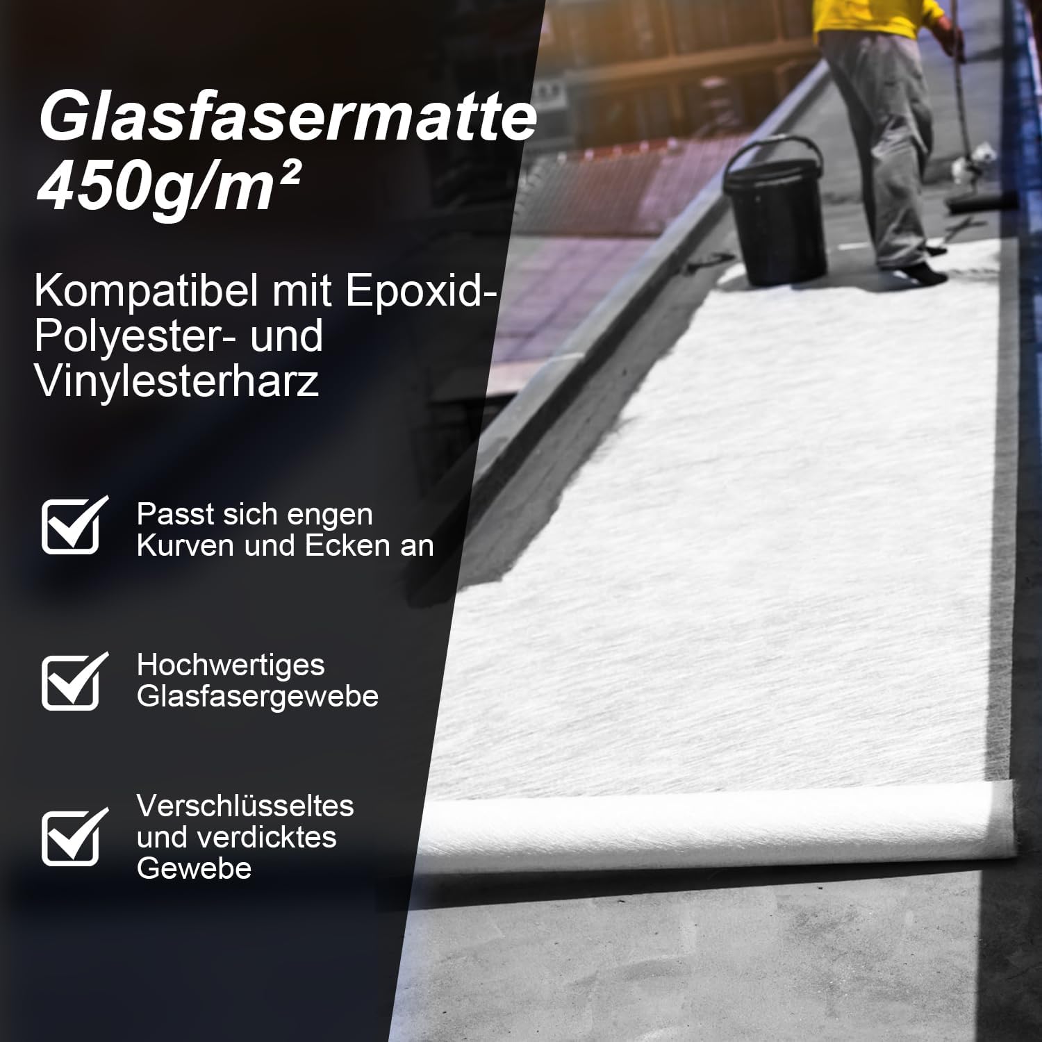 Fiberglasgewebe 450g/m² Glasfasermatte Fiberglas 1 * 10M Teppich aus Fiberglas for Epoxy Resin and Polyester Resin Glasgewebe Glasfaser für Reparatur Boot Pool Wanne Autos Dächer