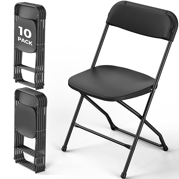 Folding Chairs 10 Pack, Black Folding Chairs for Outdoor Indoor, Plastic Folding Chairs with Sturdy Metal Frame, 350 lbs Capacity Portable Foldable Chair for Wedding, Garden, Patio, Events