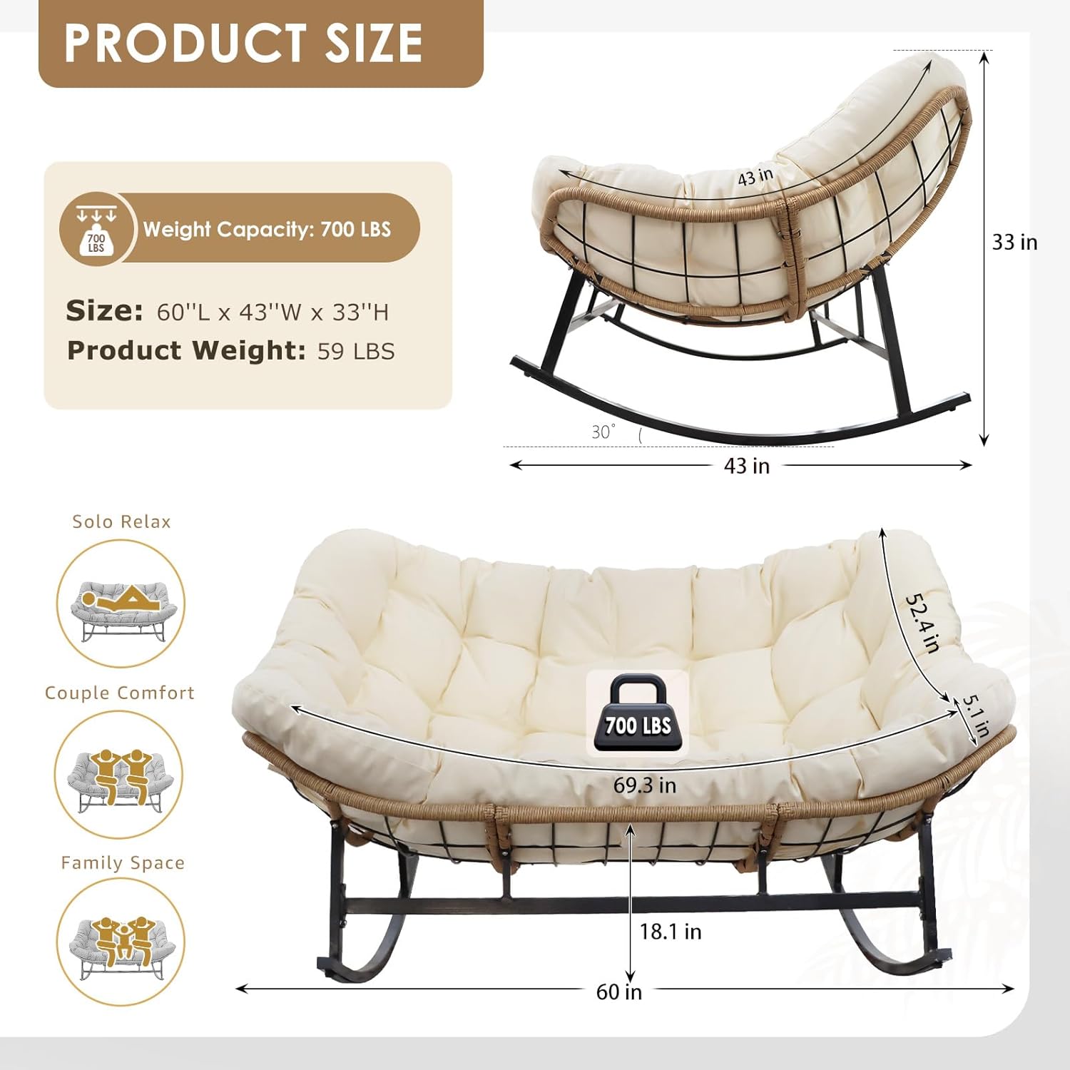 RADIATA Double Egg Rocking Chair for 2, Oversized Rattan Recliner Loveseat with Padded Cushion, Heavy Duty Comfy Large Papasan Rocker for Reading Outdoor Patio Balcony Backyard Indoor, Beige
