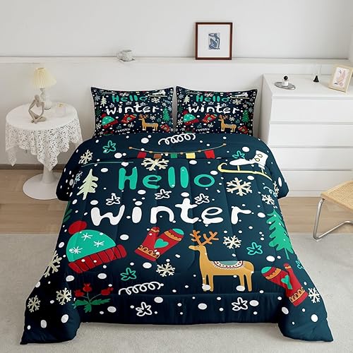 Miniatura 7 de Juego de edredón de árbol de Navidad para niñas y niños, juego de ropa de cama de 3 piezas con temática de Navidad, juego de edredón de feliz año