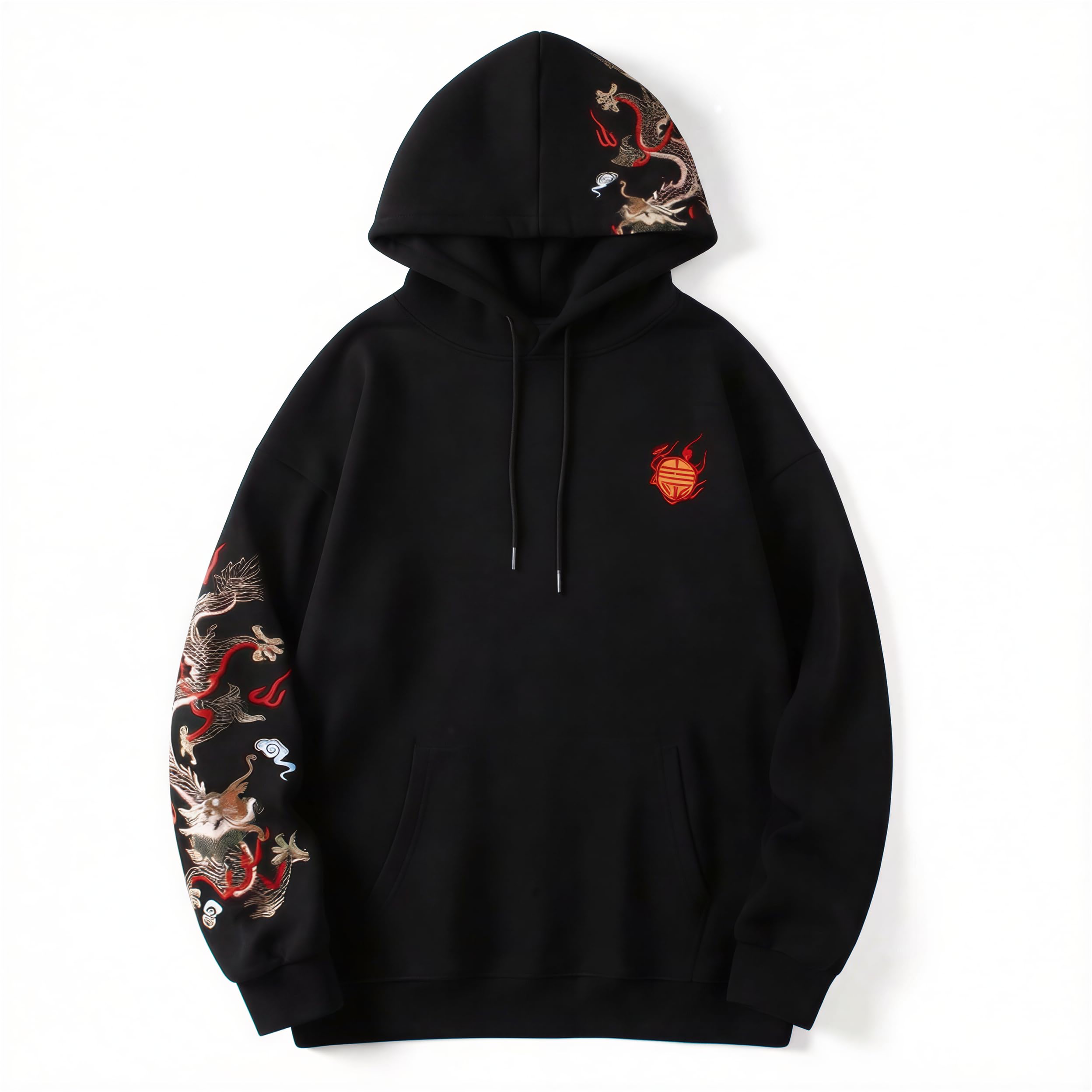 Japanese Casual Loose Techwear Hoodie Chinese Dragon Graphic Streetwear Black Hoodies for Men