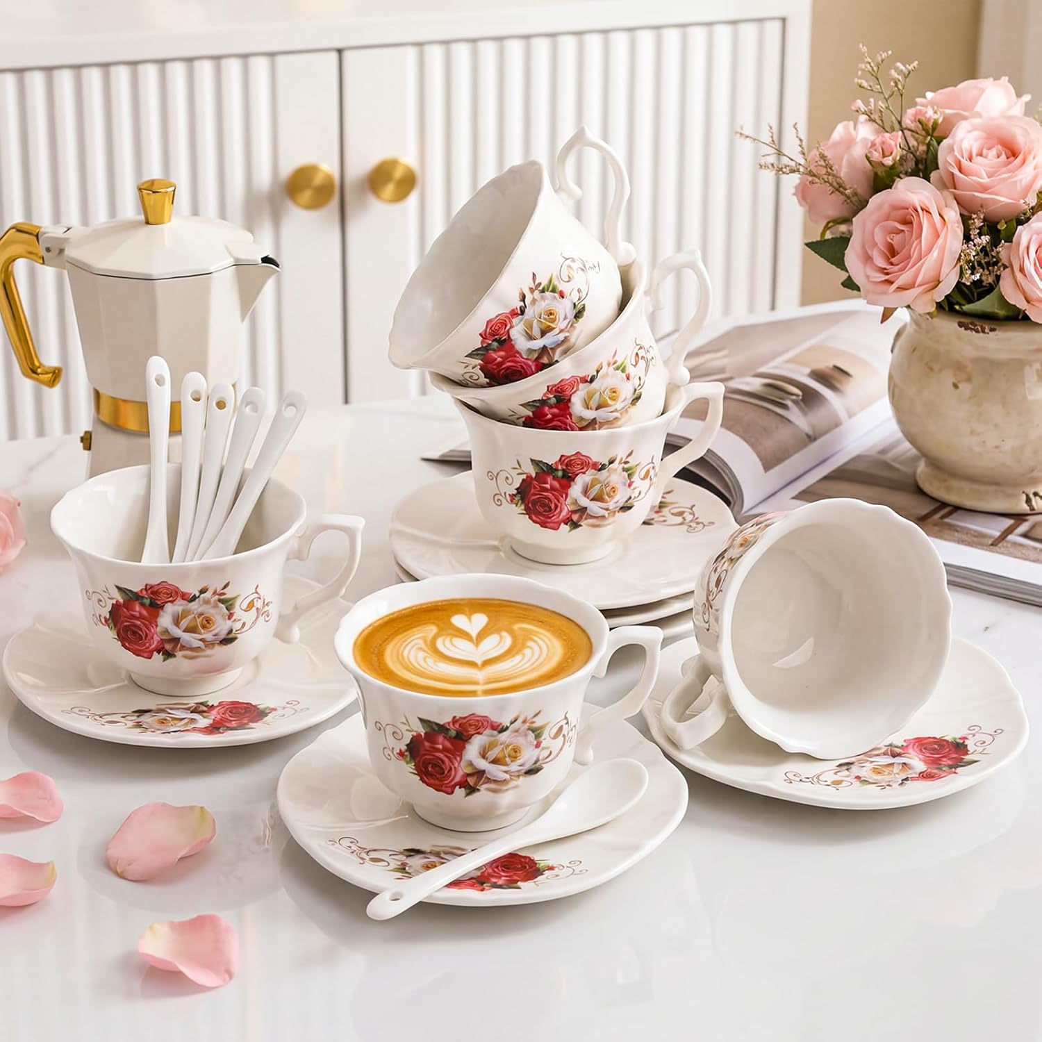 Foraineam Tea Cup and Saucer Set of 6, Porcelain Ivory Rose Tea Cups with Saucers and Spoons, 6 oz Floral Coffee Cup Set with Gold Trim, Latte Cups and Espresso Mug for Tea, Latte and Coffee Drinks