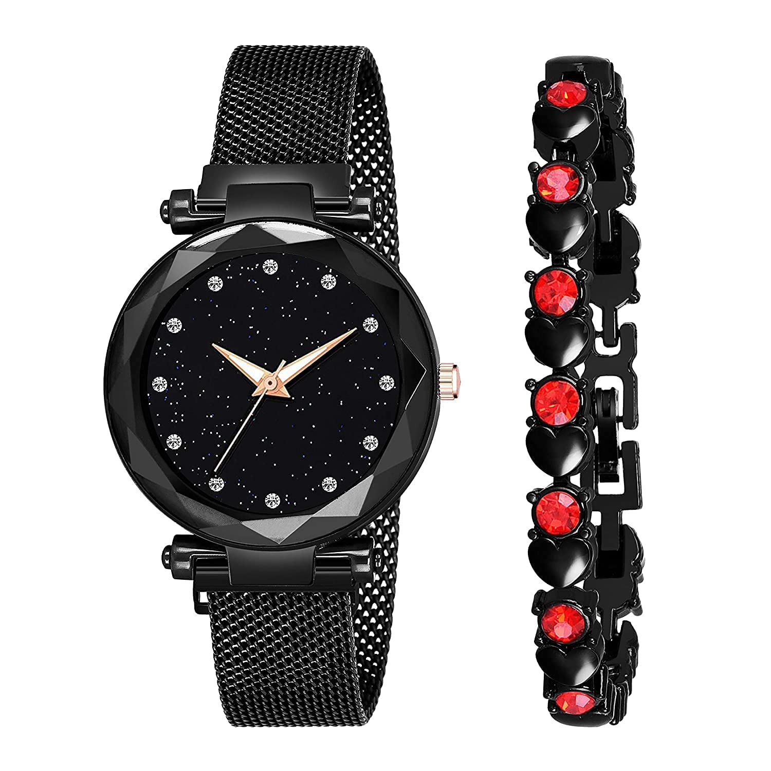 Goldenize fashion Sparkling 12 Diamonds Rose Gold Magnet Belt Analog Watch and Bracelet Combo for Girls and Women (Black) (B09M3N3D13) Amazon Price History, Amazon Price Tracker