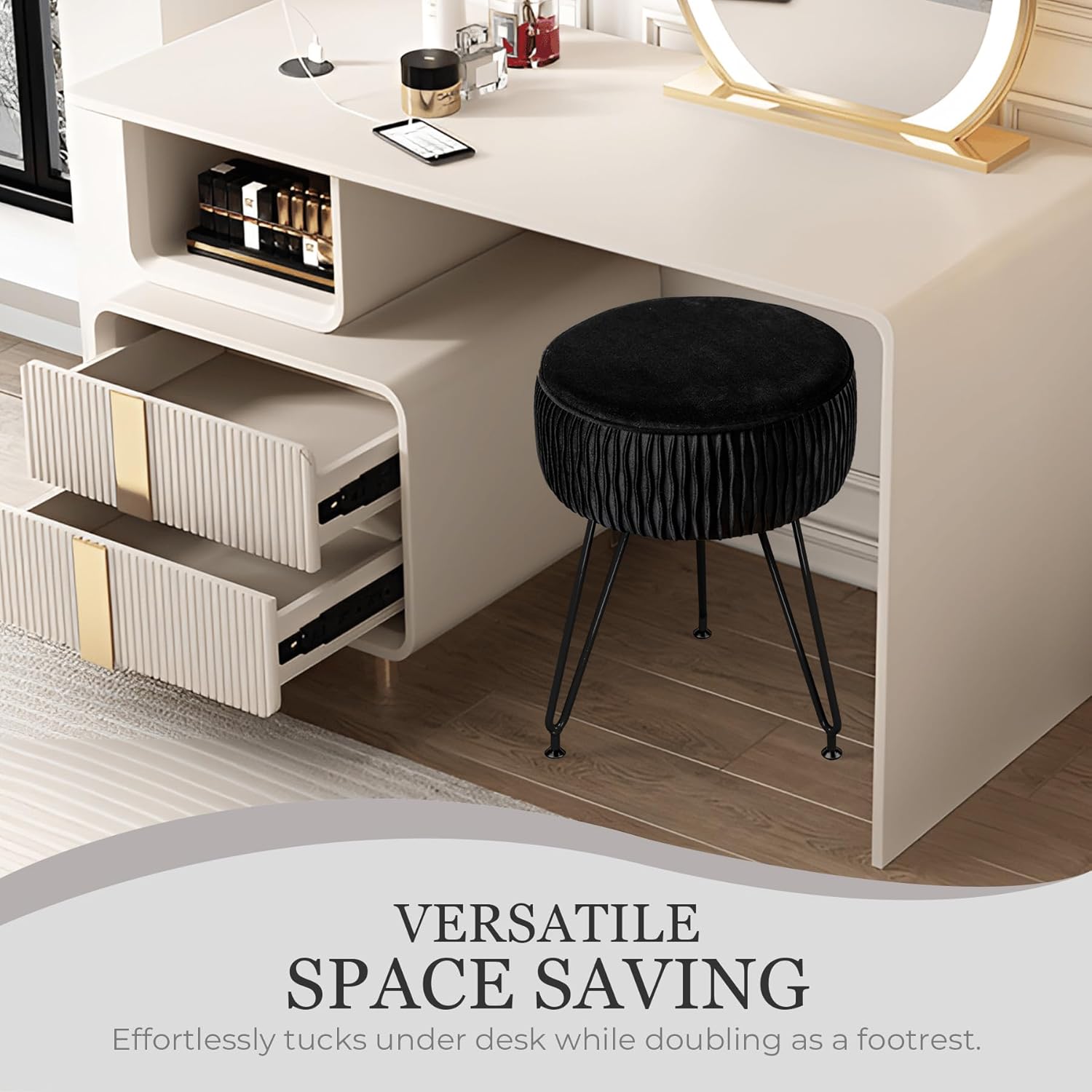 Velvet Vanity Stool Footrests, Round Ottoman Vanity Chairs with Anti-Slip Feet, Dressing Table Seat Foot Stool with Black Legs, Furry Padded Seat Side Table for Makeup Bedroom, Black