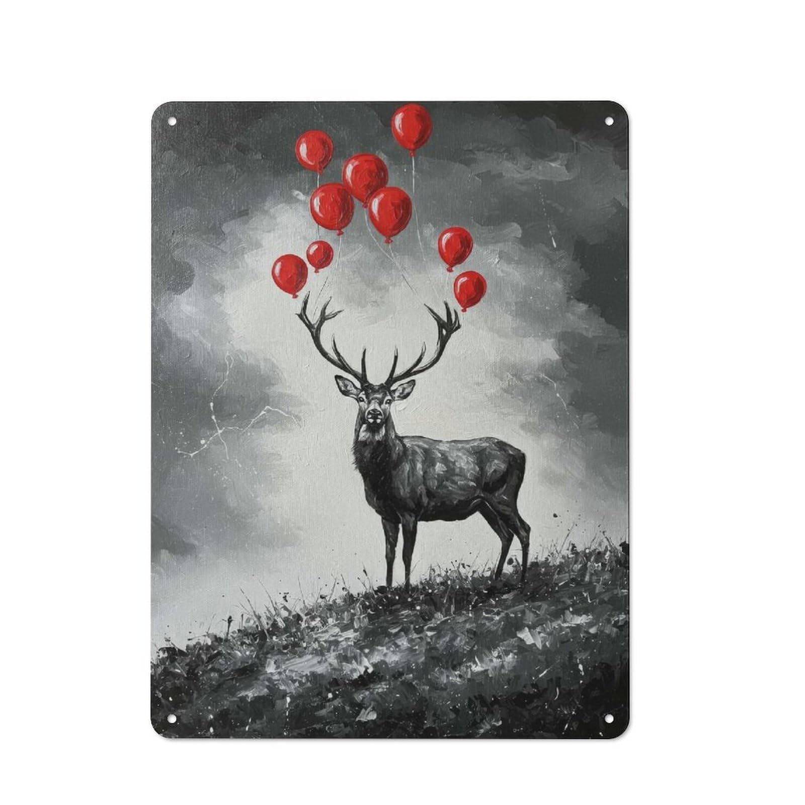 Junmoney Deer With Red Balloons Painting Rustic Metal Plaque 40X30cm For Lounge Or Reading Corner, For Home Office, Studio And Craft Room Walls