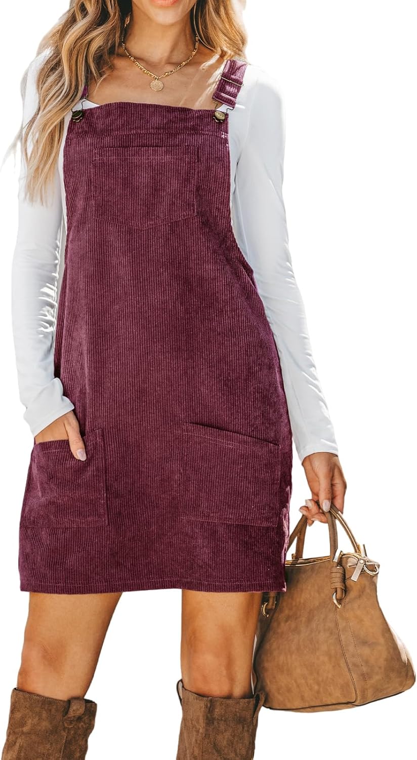 CUPSHE Women’s Casual Mini Dress Square Neck Corduroy Solid Pocket Front Wide Straps Short Overall Dresse