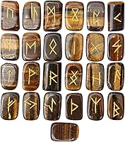 Vista 11 de Crocon Runas de jaspe de frutas con forma rectangular de piedras preciosas con alfabeto Futhark de saúco grabado, 25 piezas, juego de runas