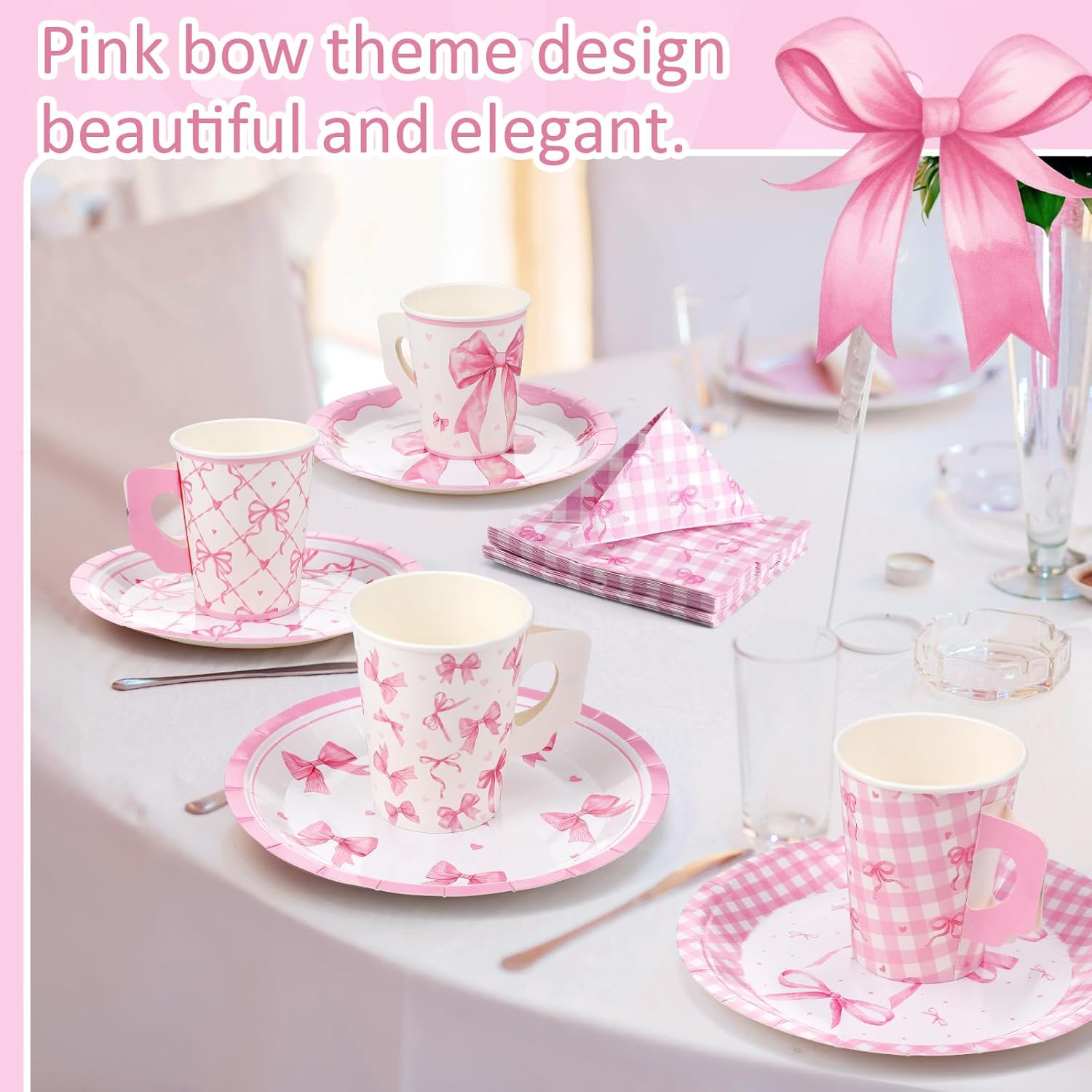144 Pcs Pink Bow Party Supplies Kits Bachelorette Party Decorations Include Pink Paper Plates Napkins Cups Coquette Disposable Tableware Dinnerware for Girls Birthday Bridal Shower - Image 5